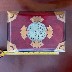 Vintage Chinese Rosewood & Jade Jewelry Box with Brass Accents